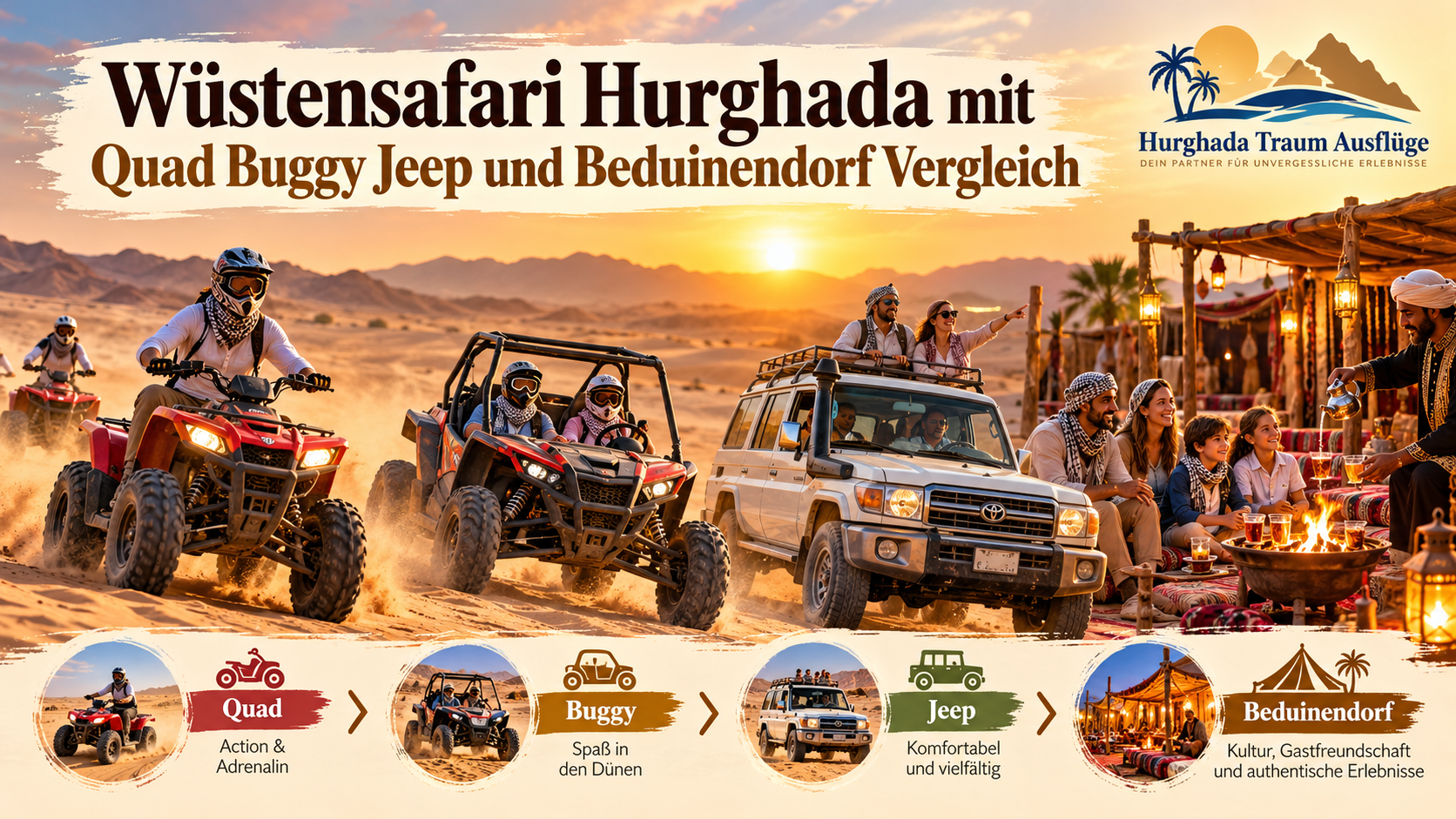 Wüstensafari Hurghada mit Quad Buggy Jeep und Beduinendorf Vergleich